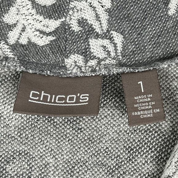Chico’s 1 Gray White Floral Damask Knit Open Cardigan Sweater Jacket Medium 8 - Picture 7 of 10